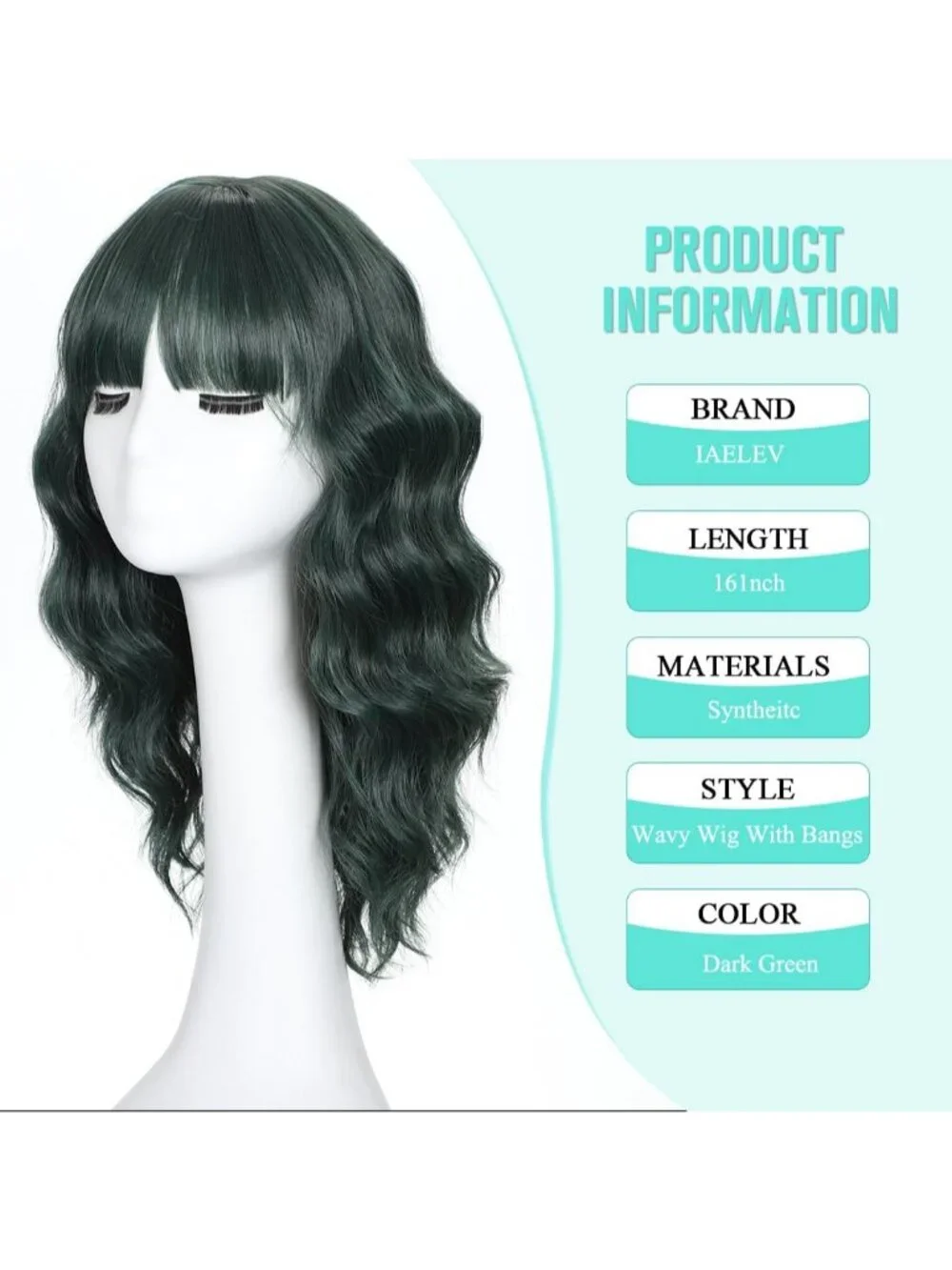 Women's Dark Green 16 Inch Wavy Wig Bangs Shoulder Length Synthetic Hair